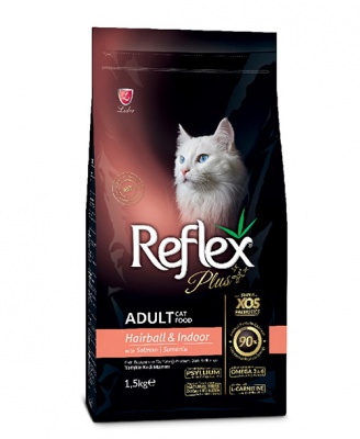 REFLEX PLUS HAIRBALL sausā barība kaķiem spalvu kamolu izvadei ar lasi, 1.5kg (RFX-307)