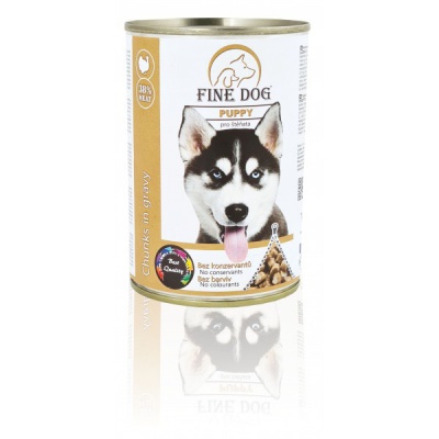 FINE DOG konservi kucēniem (gabaliņi mērcē) ar vistu, 415g (00308)