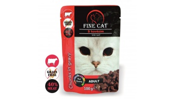 FINE CAT bezgraudu konservi kaķiem ar liellopu (gabaliņi mērcē), 100gr