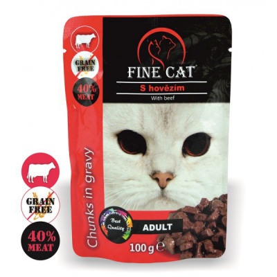 FINE CAT bezgraudu konservi kaķiem ar liellopu (gabaliņi mērcē), 100gr (08000)