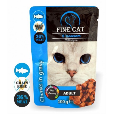 FINE CAT bezgraudu konservi kaķiem ar lasi (gabaliņi mērcē), 100gr (08002)
