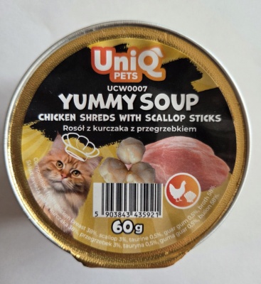 Uniq Pets Yummu Soup zupiņa kaķiem ar smalcinātu vistas gaļu un jūras ķemmītēm 60g (UCW0007)