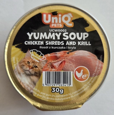Uniq Pets Yummu Soup zupiņa kaķiem ar smalcinātu vistas gaļu un garnelēm 30g (UCW0002)