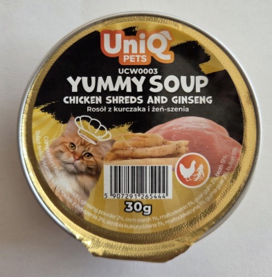 Uniq Pets Yummu Soup zupiņa kaķiem ar smalcinātu vistas gaļu un žeņšeņ 30g (UCW0003)