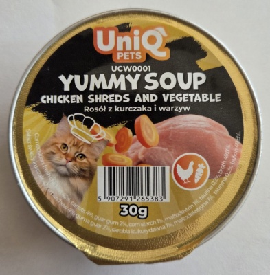 Uniq Pets Yummu Soup zupiņa kaķiem ar smalcinātu vistas gaļu un dārzeņiem 30g (UCW0001)