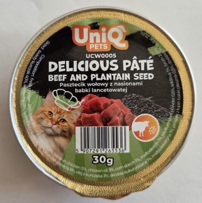 Uniq Pets Delikāta pastēte kaķiem ar liellopa gaļu un ceļmallapas sēklām 30g (UCW0005)