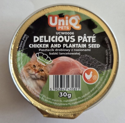 Uniq Pets Delikāta pastēte kaķiem ar vistas gaļu un ceļmallapas sēklām 30g (UCW0006)